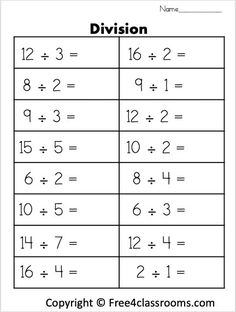 division worksheet with the addition and subtractions for students to use