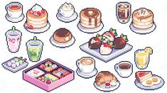 the pixel food is arranged on plates and trays