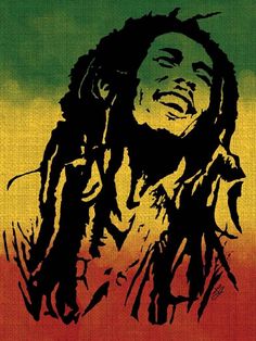 a drawing of bob marley in raspberry red, yellow and green colors with dreadlocks