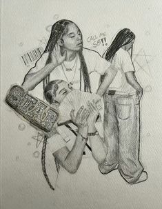 a drawing of two people holding a skateboard in front of their face and one person with dreadlocks