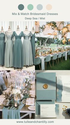 a collage of photos with different colors and styles of dresses on display at a wedding