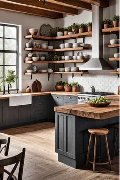 Rustic farmhouse kitchen with white cabinets and wooden island Shelving In The Kitchen Ideas, Industrial Kitchen Shelving, Open Shelf Cabinets Kitchen, Rustic Black And White Kitchen, European Farmhouse Kitchen Inspiration, Rustic Farmhouse Kitchen Decor Ideas, Industrial Farmhouse Kitchen Design, Farmhouse Kitchen Open Shelving Ideas, No Cabinet Kitchen Open Shelving