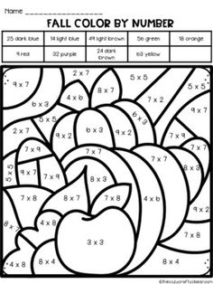 the fall color by number worksheet for students to practice numbers and addition skills