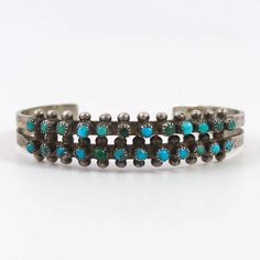 Vintage Zuni (circa 1940s) Sterling Silver Cuff Bracelet set with Two Rows of Natural American Turquoise..5” Cuff Width4.75” Inside Measurement, plus 1” opening(5.75" Total Circumference - Extra-Small) Extra Petite, American Turquoise, Sterling Silver Cuff Bracelet, Sterling Silver Cuff, Silver Cuff Bracelet, Native American Jewelry, Silver Cuff, Bracelet Set, Cuff Bracelet