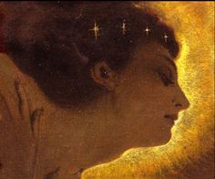 a painting of a woman's profile with stars on her head and shoulders above her head