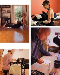 four different pictures show people doing various things in the room, including a woman sitting at a desk and a man working on an electronic device