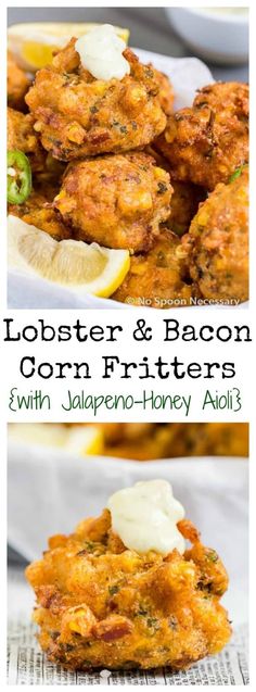 lobster and bacon corn fritters with jalapeno - honey aioli