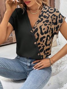 Multicolor Casual Collar manga corta Tela tricotada Estampado de Leopardo,Estampado Random,Estampado en Textura Top Embellished No-Elástico Printed Shirts For Women, Summer Shirts For Women, Print Shirts Women, Persian Fashion, Tunic Designs, Over 60 Fashion, Casual Shirt Women, Blouse Models