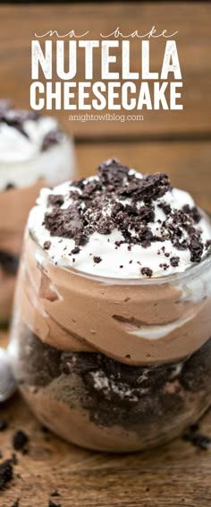 two desserts with chocolate and whipped cream in them on top of a wooden table