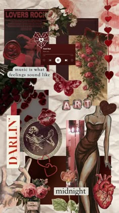 the collage is made up of many different images and words, including roses, hearts,