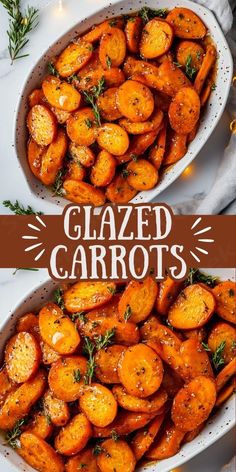 glazed carrots in a white dish with rosemary sprigs on top and the words glazed carrots above them