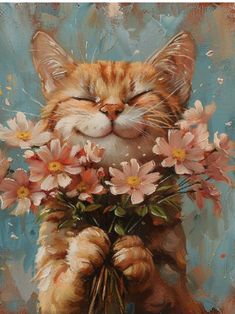 a painting of a cat with flowers in its mouth