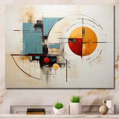 an abstract painting on the wall above a fireplace