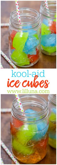 three jars filled with colorful ice cubes on top of a wooden table