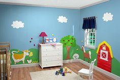 a child's room painted in blue and green with farm animals on the walls