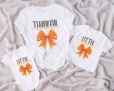 Celebrate the season of gratitude with our "Thankful & Blessed" mommy and me matching shirts! Perfect for fall outings, pumpkin patch visits, and Thanksgiving gatherings, this adorable set features a stylish orange bow design and coordinating phrases: "Thankful and Blessed" for mom and "Little Blessing" for the little one. Made with soft, high-quality fabric, these shirts ensure comfort for both moms and kids. Show off your bond and love for each other in this heartwarming, coordinated outfit. A Mommy And Me Thanksgiving Outfit, Mama And Daughter, Fall Outings, Coordinates Outfits, Shirts Cute, Thankful And Blessed, Pregnancy Gifts, Cute Fall Outfits, Thanksgiving Outfit