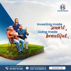 an advertisement for a real estate investment company, with the image of family sitting on a small island