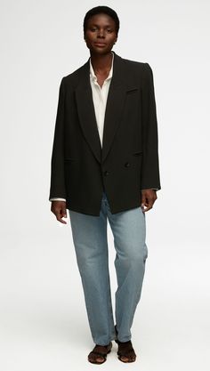 Made of a lightweight wool crepe, this oversized, double-breasted blazer is designed with a hidden, center-front button. Functional details include exterior pockets, our signature interior pockets, and smart cuff for sleeves that scrunch and magically stay in place. Dress it up with the Slim Pintuck Trouser, or down to denim. Oversized Blazer With Double Button And Notch Lapel, Oversized Notch Lapel Blazer With Double Button Closure, Classic Oversized Blazer With Notch Lapel, Oversized Blazer With Notch Lapel And Hidden Button Closure, Oversized Double Button Blazer For Business, Oversized Business Blazer With Double Button Closure, Oversized Notch Lapel Blazer For Formal Events, Oversized Notch Lapel Blazer For Formal Occasions, Oversized Structured Blazer For Formal Occasions