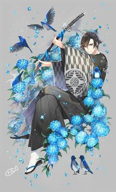 an anime character sitting on the ground surrounded by blue flowers with birds flying around him