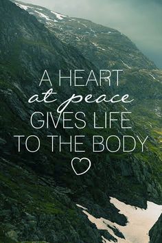 a mountain with a quote on it that says, a heart at peace gives life to the body