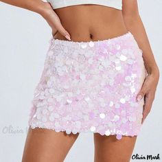 Olivia Mark - Stunning Shimmering Metallic Bodycon Mini Party Skirt with Sequin Embellishments Pink Sparkly Skirt, Streetwear Skirt, Sparkly Skirt, Hot Skirts, Party Rock, Wrap Shorts, Rave Outfit, Mini Robes, Sequin Mini Skirts