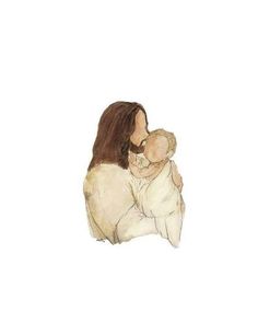 a watercolor painting of a woman holding a baby in her arms and looking down at the ground