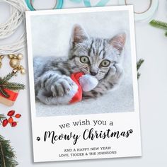 a christmas card with a kitten playing with a toy