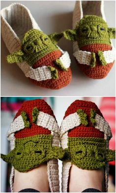 crocheted baby yoda slippers are shown in three different colors