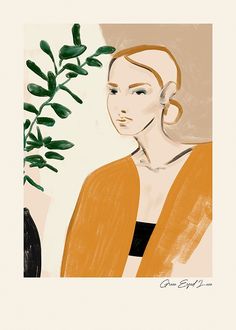 a painting of a woman in an orange cardigan and black dress next to a potted plant