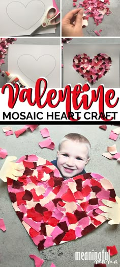 valentine's day mosaic heart craft for kids to make with paper hearts and scissors