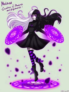 a drawing of a girl with long white hair and black dress holding purple circles in her hands