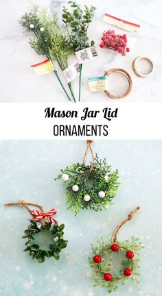 christmas wreaths and other decorations hanging from twine with text overlay that reads mason jar lid ornament's