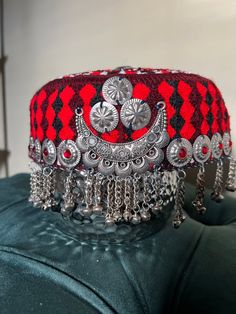 Beautiful red and black traditional embroidered cap. Cap with beautiful head jewelry. Made by hand. Size is 22inches / size medium. FREE SHIPPING. Head Piece Jewelry, Bosnian Food, Lilac Scarf, Afghani Dress, Bosnian Recipes, Afghan Dress, Afghan Jewelry, Gemstone Ring Silver, Roanoke Va