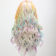 Long curly lace front wig featuring a vibrant rainbow gradient highlight dye, perfect for parties and creative styling. Made from high-temperature fiber, this heat-resistant wig is designed for daily use and offers an average cap size for a comfortable fit. Ideal for a bold and colorful look! Dyed Curly Hair, Creative Styling, Purple Wig, Green Wig, Rainbow Gradient, Halo Hair, Pink Wig, Red Wigs, Curly Lace Front Wigs