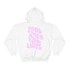 "\"Good Times And Tan Lines\" in bold pink bubblegum type on the back. If your aesthetic is comfy but cool you will love this Hoodie. Made with a thick blend of cotton and polyester, it feels plush, soft and warm, a perfect choice for any cold day. In the front, the spacious kangaroo pocket adds daily practicality while the hood's drawstring is the same color as the base sweater for extra style points. * 50% cotton, 50% polyester * Medium-heavy fabric  * Classic fit * Runs true to size - (check Pink Hip Hop Sweatshirt With Letter Print, Pink Hooded Hip Hop Sweatshirt, Pink Long Sleeve Hoodie With Logo Print, Pink Hip Hop Sweatshirt With Graphic Print, Pink Logo Print Sweatshirt For Streetwear, Pink Hip Hop Sweatshirt With Drawstring Hood, Pink Hooded Sweatshirt For Streetwear, Pink Hooded Streetwear Sweatshirt, Pink Winter Hoodie With Logo Print