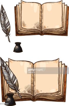 an open book with a feather quill and ink pen