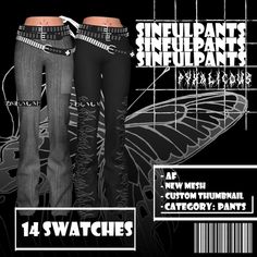 two black pants with butterfly wings on them and the words, new mesh cutout trimming