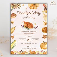 a watercolor thanksgiving party card with an image of a turkey and pumpkins on it