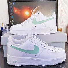 Custom Air Force 1 Sage Green-shecustomize Nike Rosa, Shoe Embroidery, Shoes For School, Nike Shoes Air Force, Chanel Sneakers, Nike Fashion Shoes, Preppy Shoes, Custom Air Force 1, Cute Nike Shoes