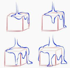 four stages of how to draw an ice cream box with blue and red lines on it