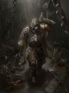 an image of a man in armor walking through a dark place with skulls on the ground