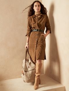 Suede Trench Dress | Banana Republic Suede Dress Outfit, Banana Republic Outfits, Safari Outfits, Business Casual Fall, Suede Outfit, Safari Dress, Safari Chic, Trench Dress, 60 Fashion