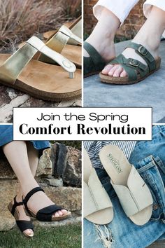 Some of the amazing features of our spring sandal collection:  ● Cushioned soft suede footbed ● Padded arch and metatarsal support  ● Low wedge profiles  ● Vegetable-tanned leather from Protugal ● Elastic goring on straps for flexible, no-pinch comfort ● Sturdy velcro back strap closures ● Recycled rubber traction outsolesss ● Recycled rubber traction outsole Comfortable Leather Sandals, Mules Sandals