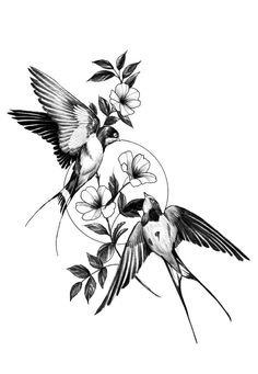 black and white drawing of two birds flying over flowers