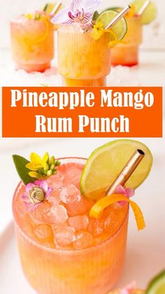 the pineapple mango rum punch is garnished with lime