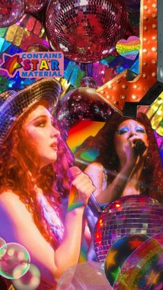 a collage of disco balls, lights, and woman with red hair wearing a hat