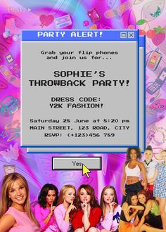 a party flyer with girls in pink and purple outfits on the front, text reads sophhe - s throwback party dress code year fashion