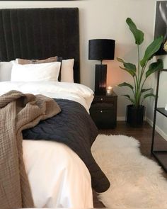 a bedroom with white and black bedding, two nightstands and a large plant in the corner