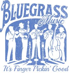 the blue grass music logo is shown with three men playing instruments and one man holding a guitar