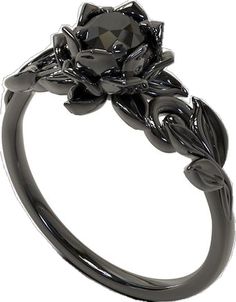 Gothic Black Promise Rings, Gothic Black Promise Jewelry, Elegant Black Flower Promise Ring, Elegant Black Flower Ring For Anniversary, Elegant Black Flower Ring For Wedding, Black Flower Ring For Wedding, Luxury Black Promise Rings, Elegant Black Flower Ring, Black Diamond Promise Ring Fine Jewelry